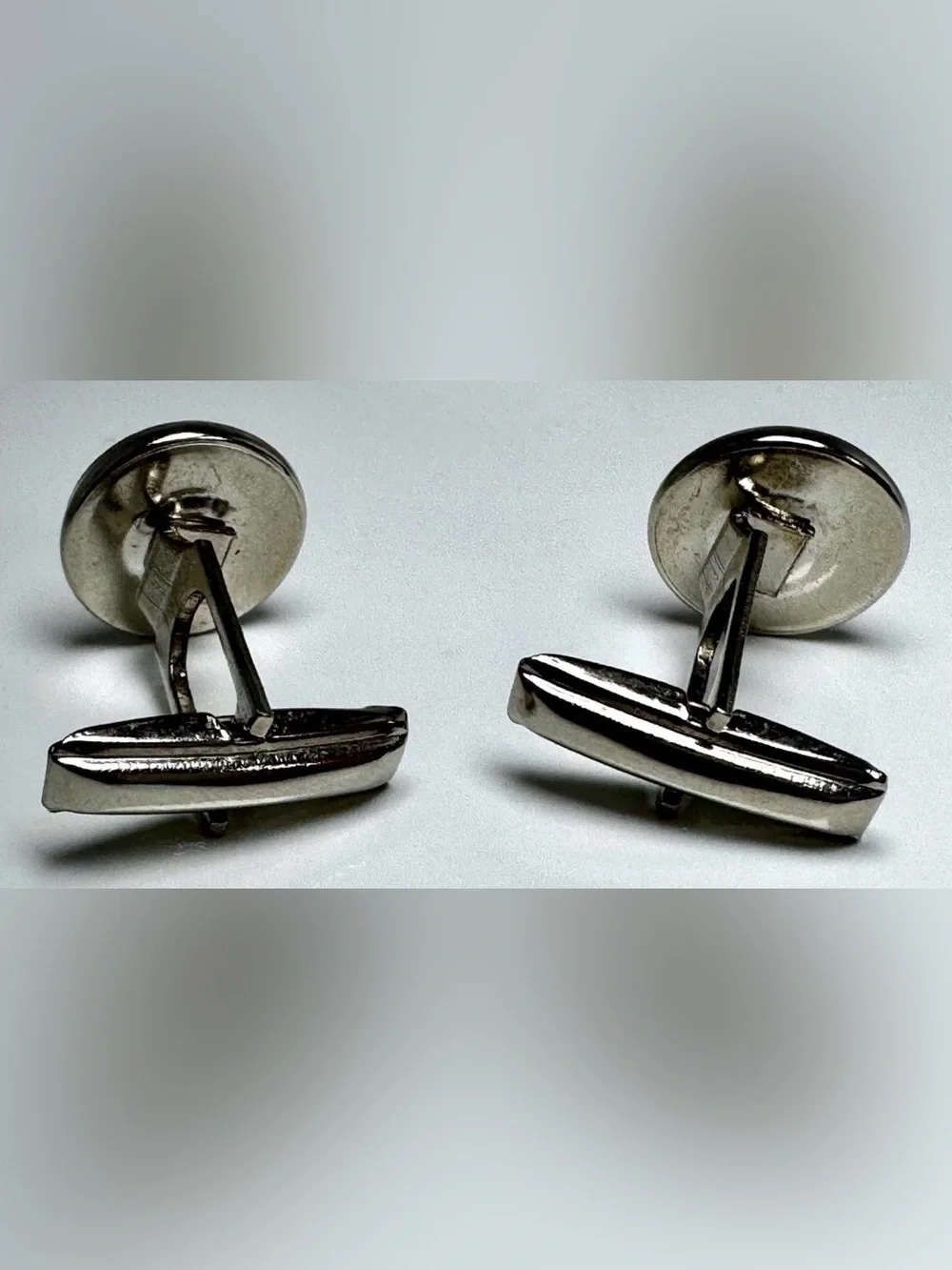 Silver Tone Round White Cabochon Bullet Back Men's Cufflinks Pair #1707